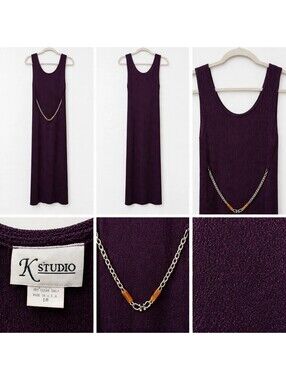 K Studio Womens 10 Purple Sparkle Knit Maxi Dress 54" Long Chain Belt Vintage
